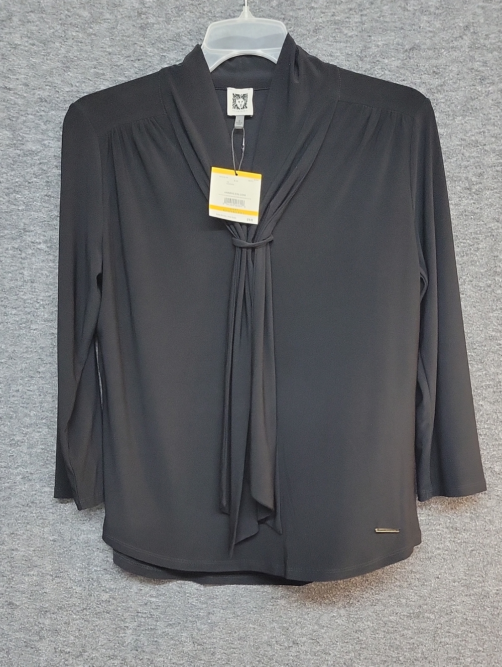 Anne Klein Black Stretchy Knit Pullover Tie Neck Top ¾ Sleeve Womens Size S